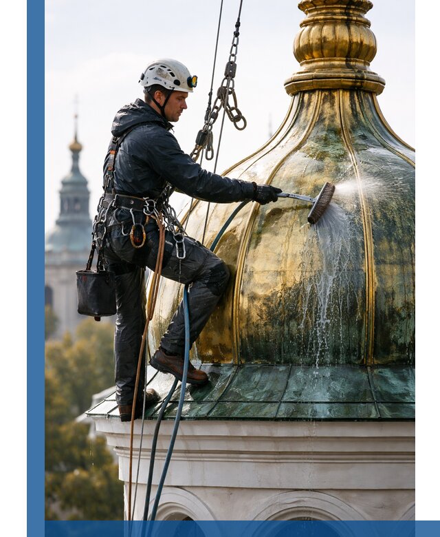 Профессиональная мойка куполов и шпилей высотными альпинистами в Томске