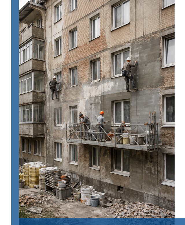 Капитальный ремонт фасада в Томске с восстановлением и гидроизоляцией