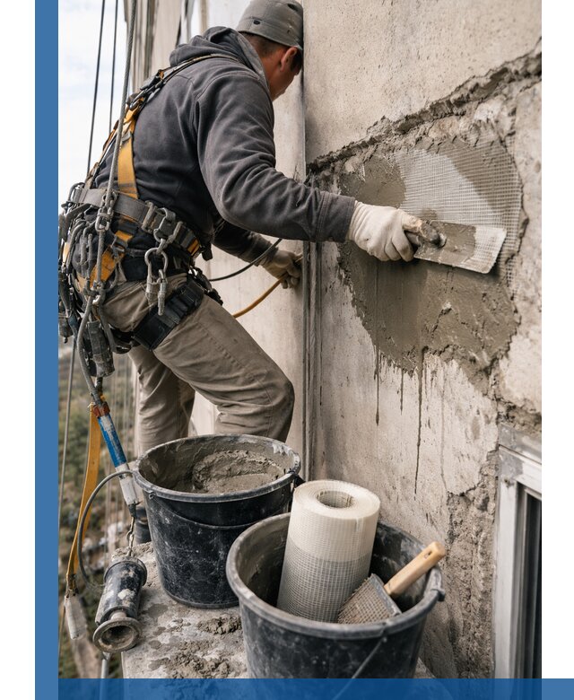 Ремонт бетонных элементов фасада промышленными альпинистами в Томске