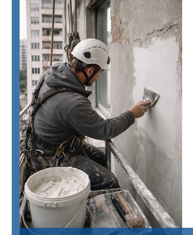 Шпаклевка фасадов на высоте с промальпинистами в Томске