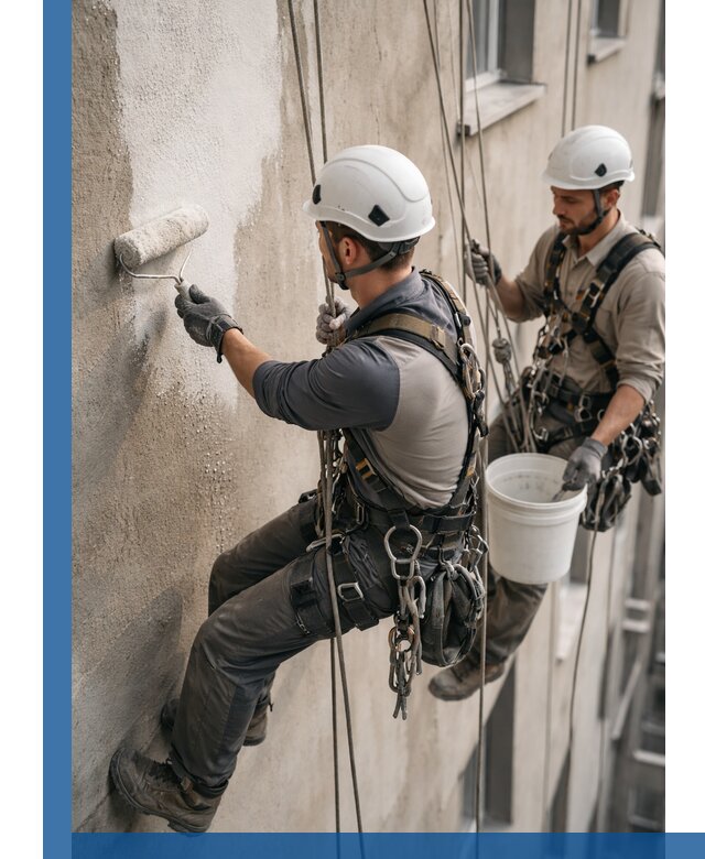 Грунтовка фасада на высоте в Томске промышленными альпинистами