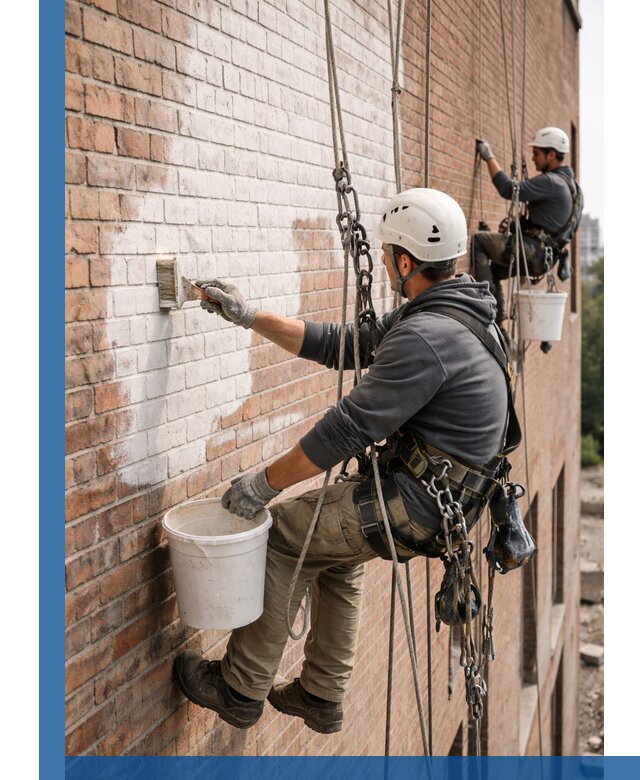 Покраска кирпичного фасада с доступным альпинистским сервисом в Томске