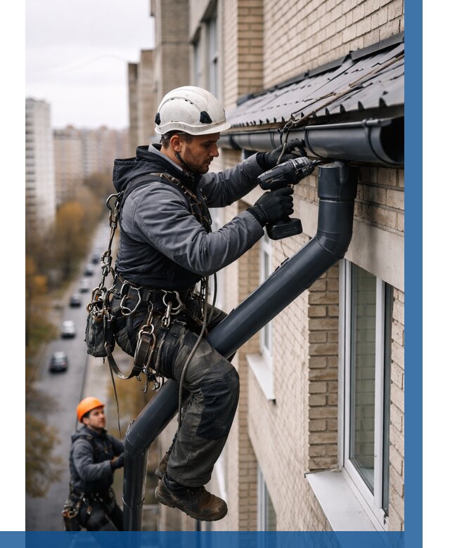 Монтаж водосточной системы на здании в Томске от 5464 р. | ВЫСОТНИК-Тмс