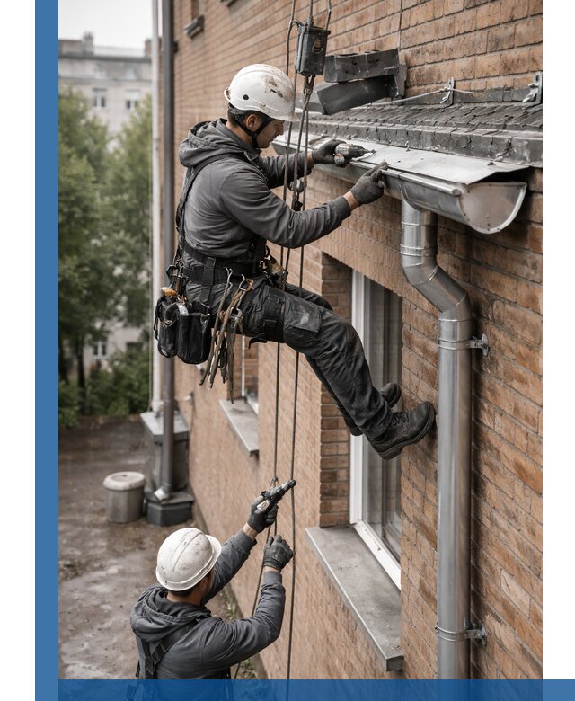 Монтаж водосточной системы на здании в Томске под ключ