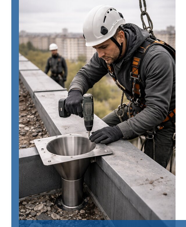 Монтаж водосточных воронок в Томске для промышленных зданий