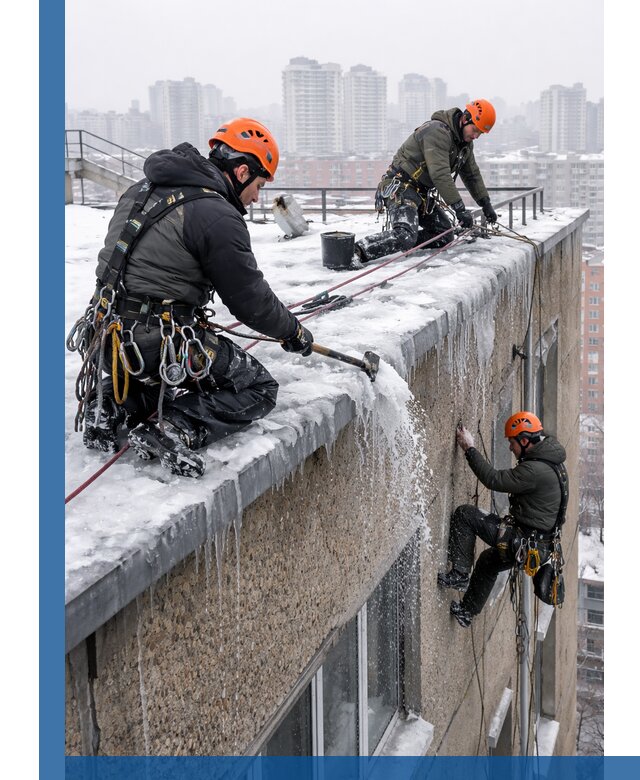 Удаление наледи с кровли в Томске промышленными альпинистами
