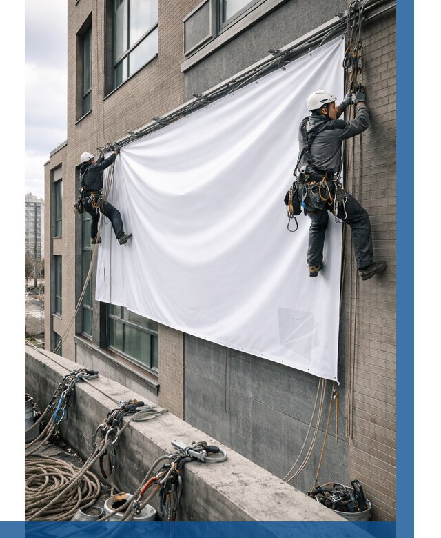 Монтаж баннеров на фасаде в Томске от 710 р. заказать ВЫСОТНИК-Тмс