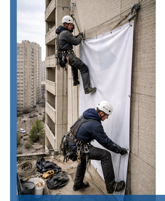 Профессиональный монтаж баннеров на фасаде в Томске