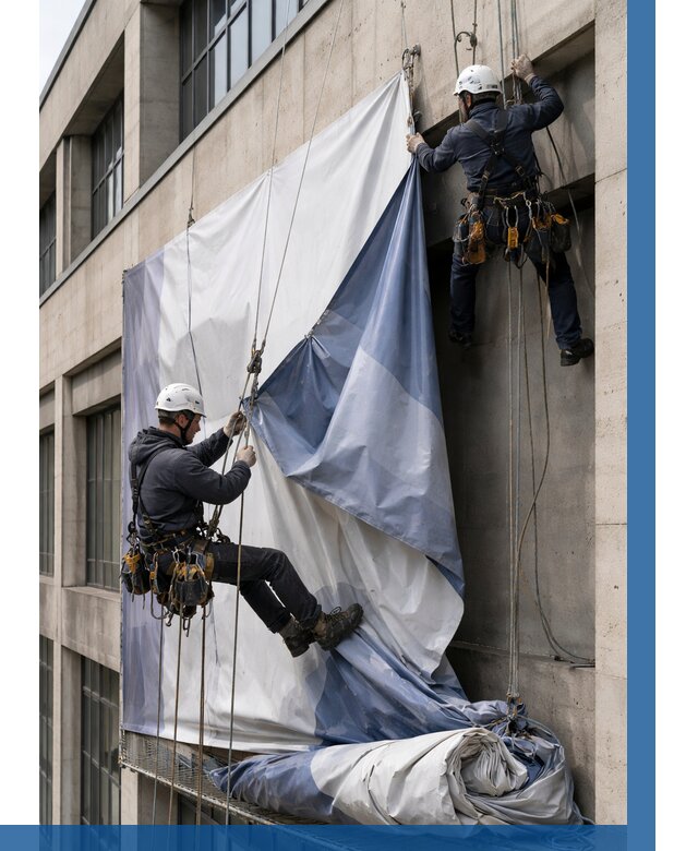 Демонтаж баннеров с фасада в Томске от 4917 р. | ВЫСОТНИК-Тмс