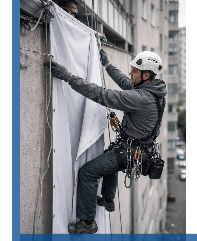 Замена баннерного полотна промышленными альпинистами в Томске