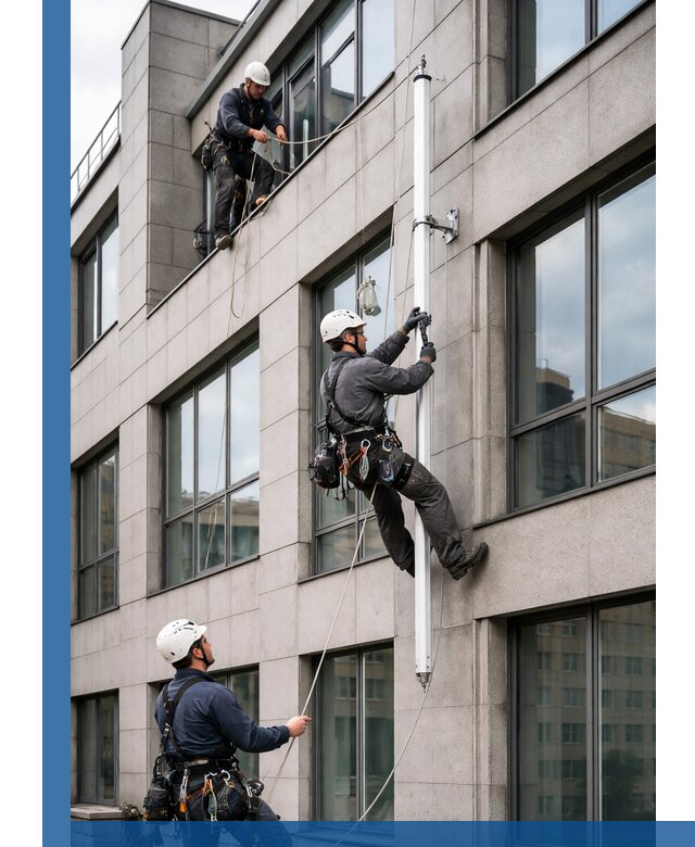 Монтаж флагштока на фасаде здания с креплением и герметикой в Томске