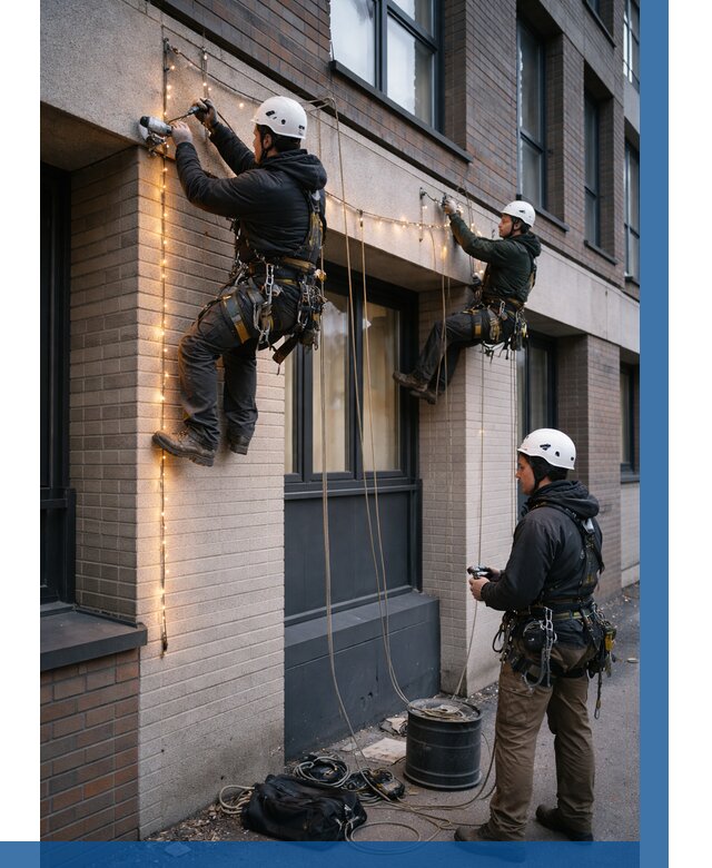 Монтаж гирлянд на фасаде в Томске от 3824 р. | ВЫСОТНИК-Тмс