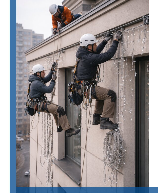 Монтаж праздничных гирлянд на фасаде в Томске для зданий