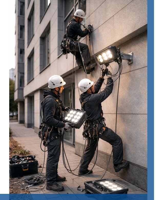 Монтаж прожекторов на фасаде в Томске от 8195 р. | ВЫСОТНИК-Тмс