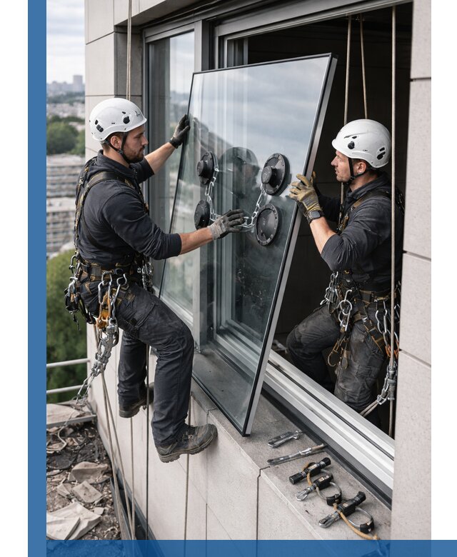 Замена стеклопакетов на высоте с промышленными альпинистами в Томске