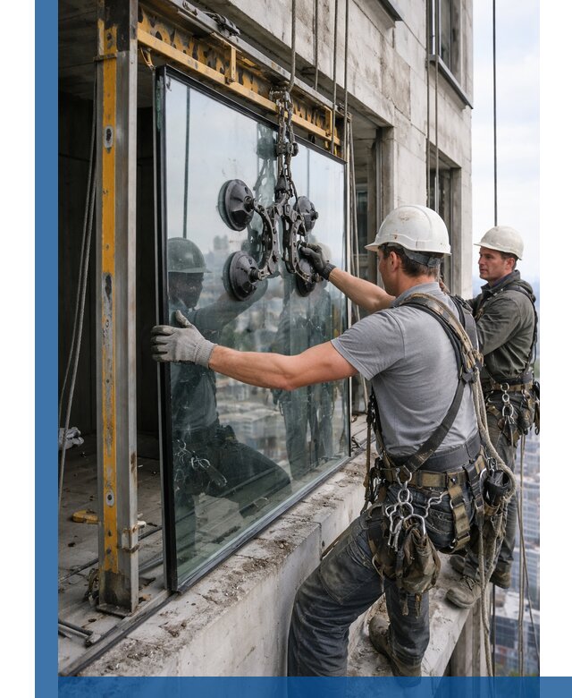 Монтаж стеклопакетов на высоте в Томске с промышленным альпинизмом