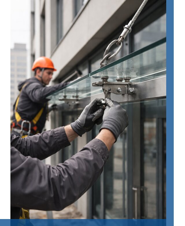 Монтаж стеклянных козырьков в Томске от 9288 р. | ВЫСОТНИК-Тмс