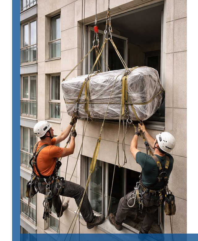 Подъем грузов через окно в Томске промышленными альпинистами