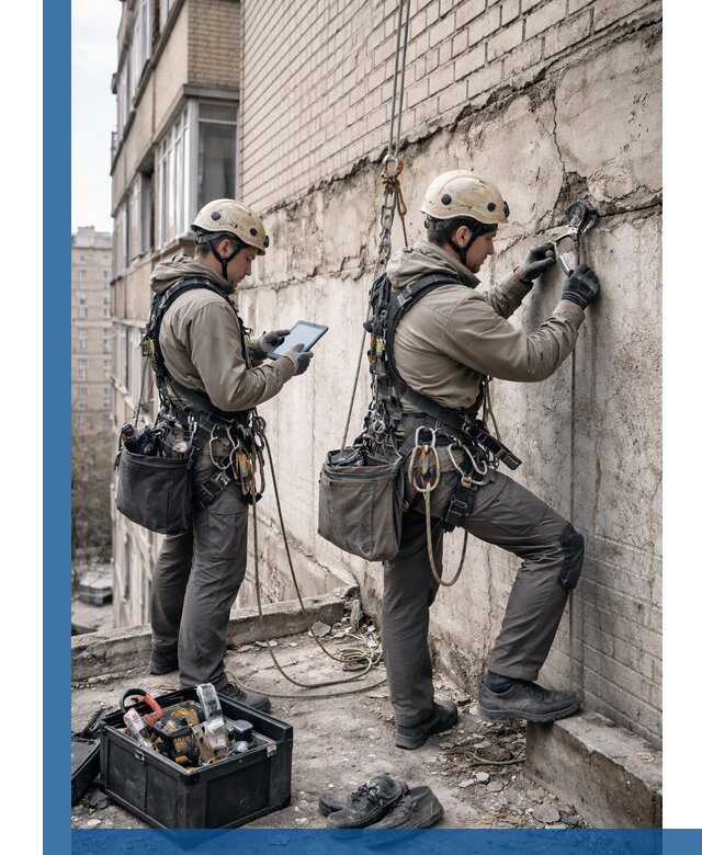 Обследование фасада промышленными альпинистами в Томске